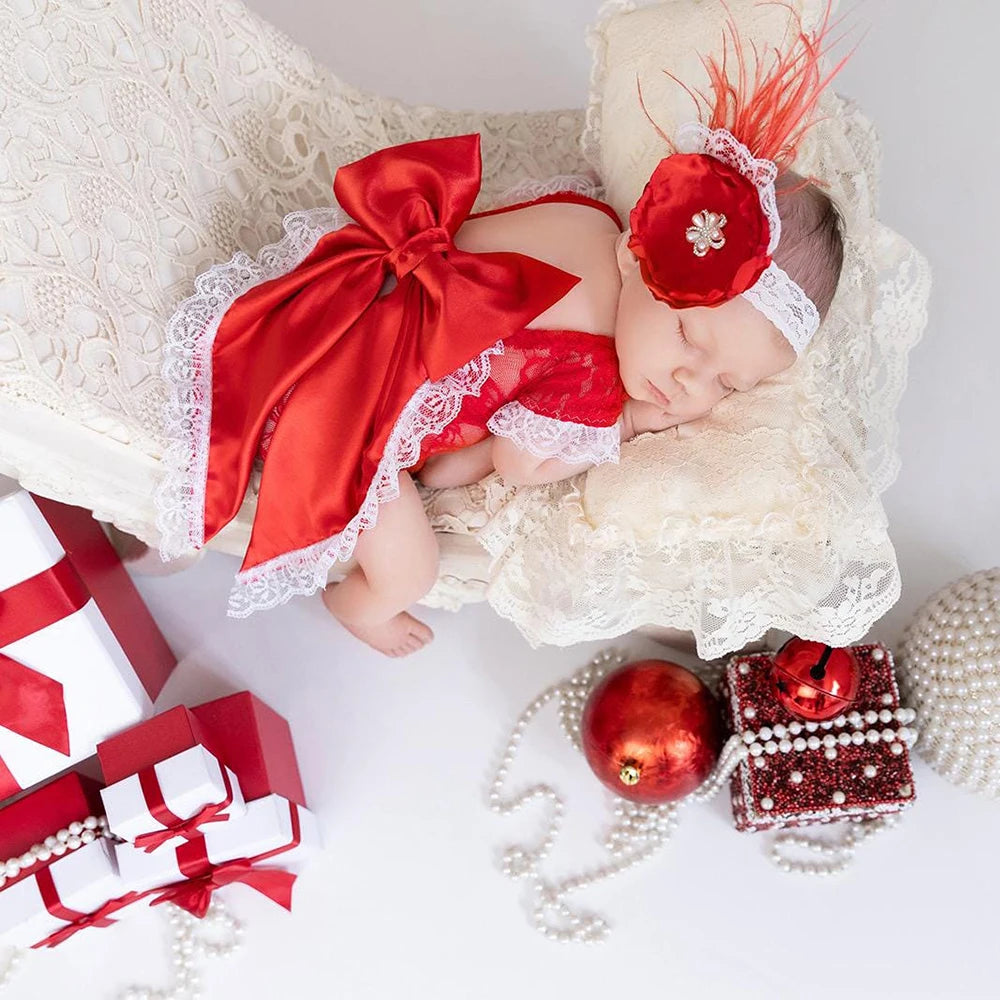 Newborn Baby Set Lace Romper Bow Headband Christmas Photo Studio Shoot Holiday