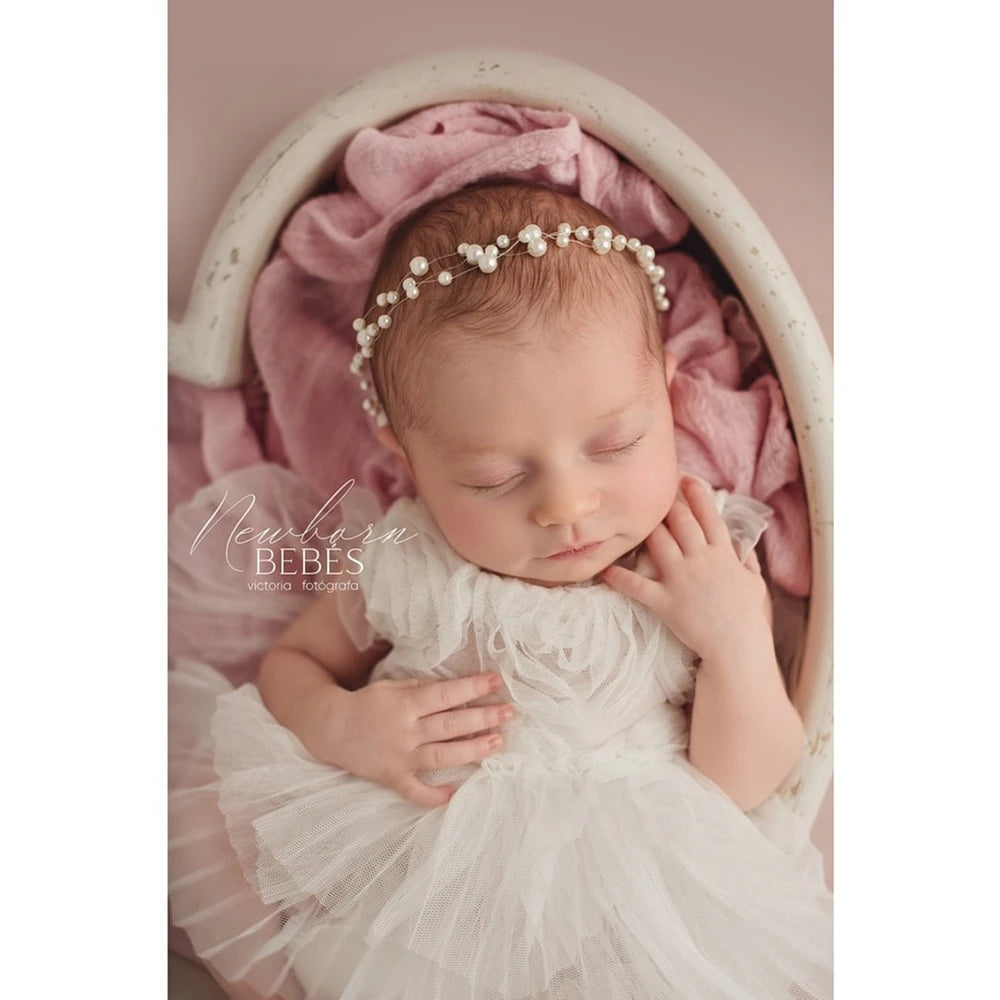 Baby Girl White Tutu Dress Ruffle Lace Tulle Skirt Pearl Flower Embellished Newborn Set