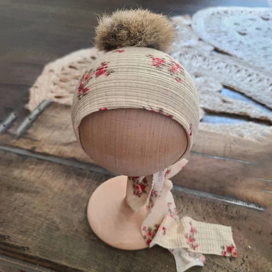Floral Bonnet Baby Pom Hat Headband Newborn Girl