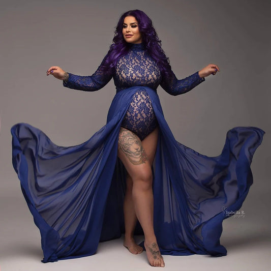 Maternity Dress Stretchy Lace Bodysuit Removable Chiffon Sides Slit Skirt