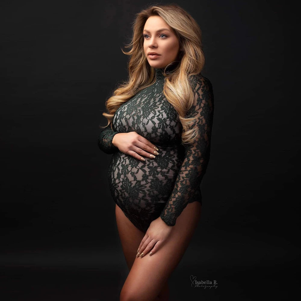 Maternity Dress Stretchy Lace Bodysuit Removable Chiffon Sides Slit Skirt