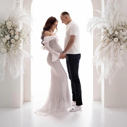 Maternity Elegant One Shoulder Long Sleeved Lace Dress Baby Shower