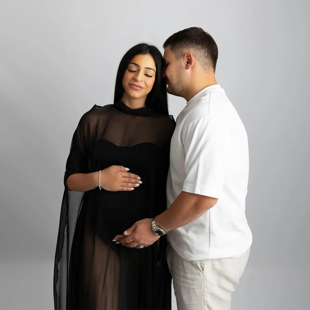Maternity Translucent Black Chiffon Cloak Cape Dress