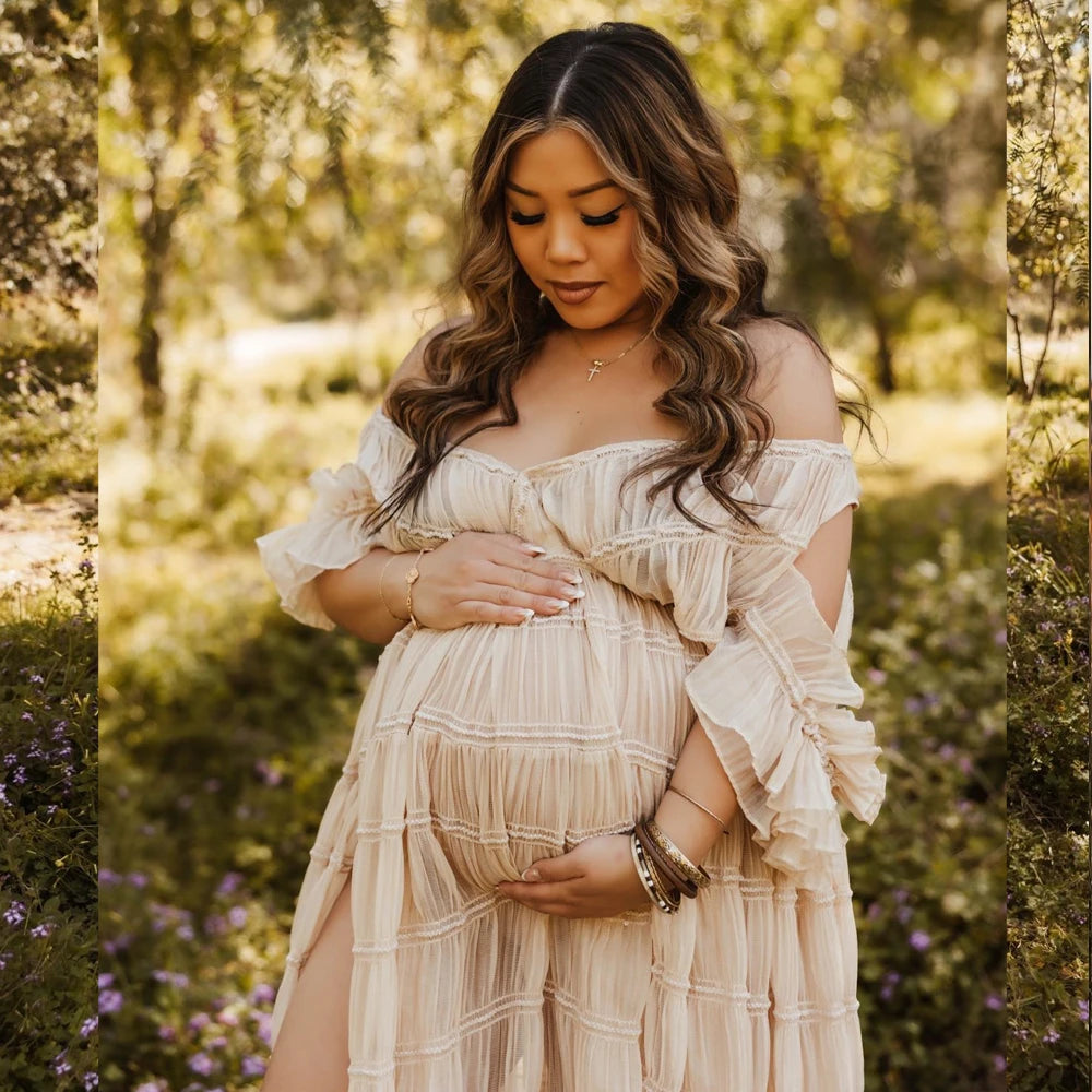 Maternity Elegant Pleated Chiffon V-neck Short Sleeved Dress Baby Showers