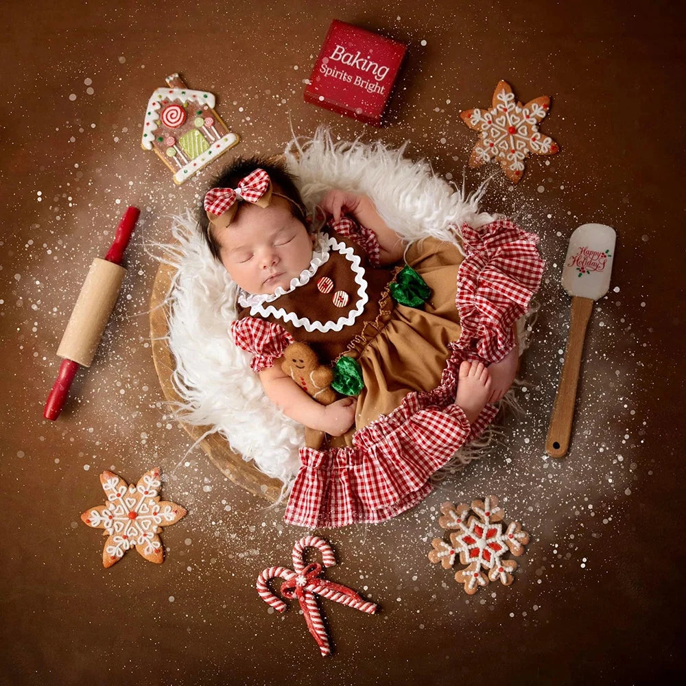 Newborn Christmas Gingerbread Girl Baby Dress Set Photo Studio Holiday Costume Shower Cloth