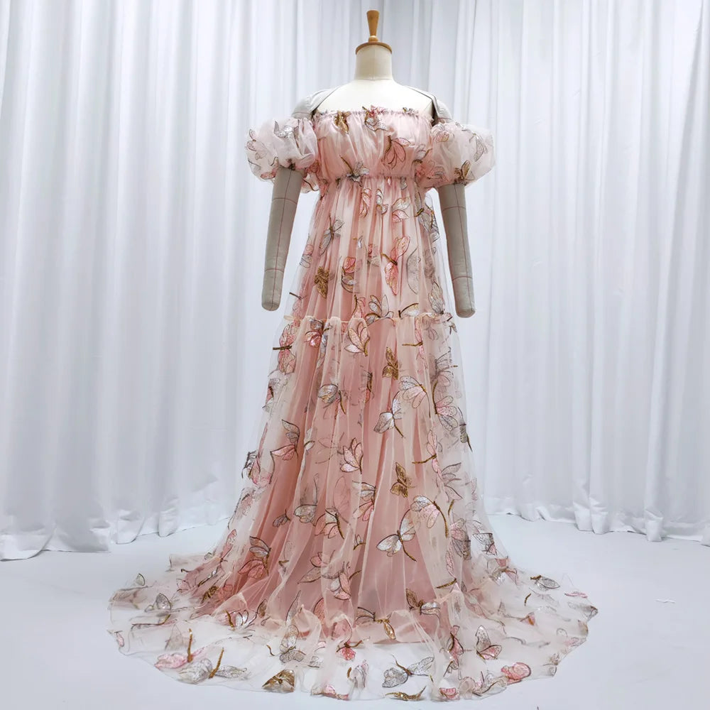 Photography Dress For Women Mesh Embroidery Off Shoulder Puff Sleeve Dress Maternity Dresses Photoshoot Baby Showers Dress