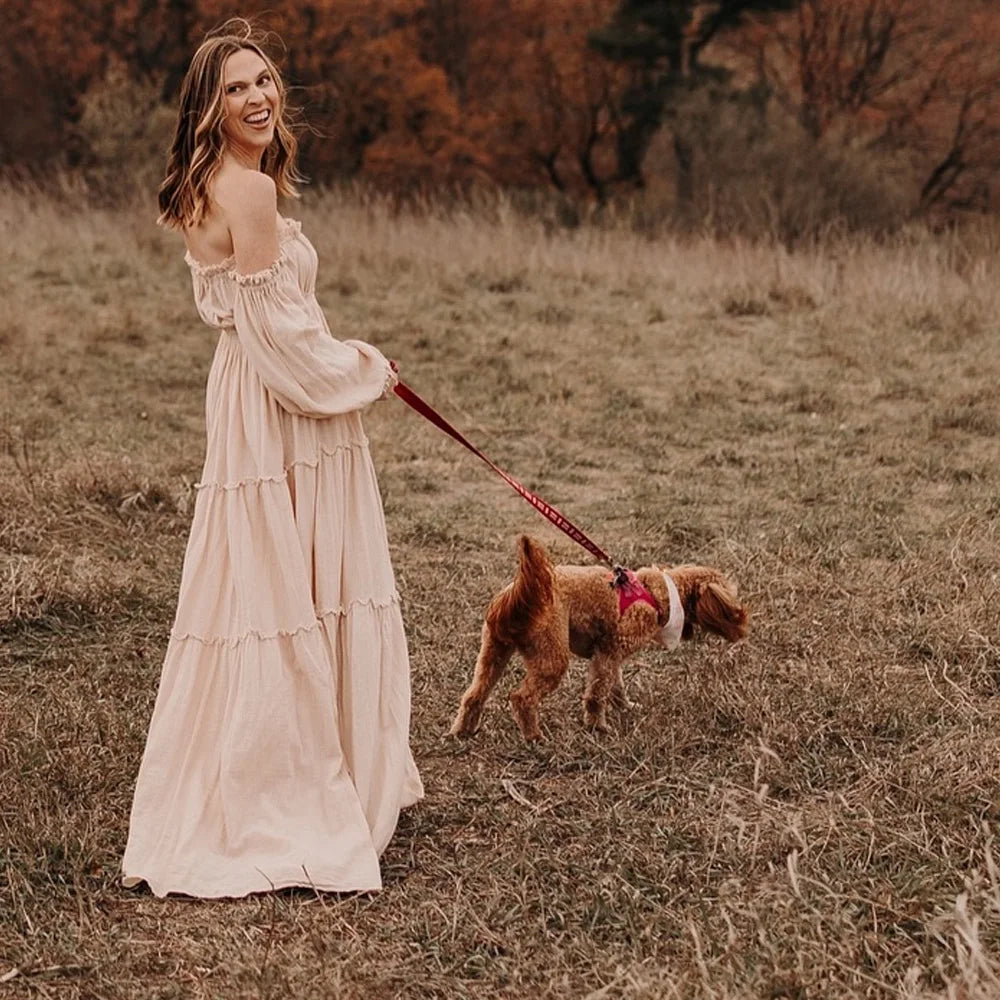 Soft Linen Cotton Off Shoulder Long Sleeved Cake Dress Bohemian Photo Shooting Pregnancy Dress Photography Dress For Women