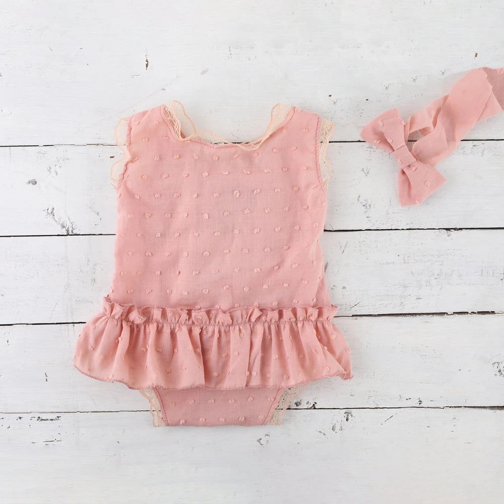 Baby Girl Ruffle Open Back Romper Bow Headband