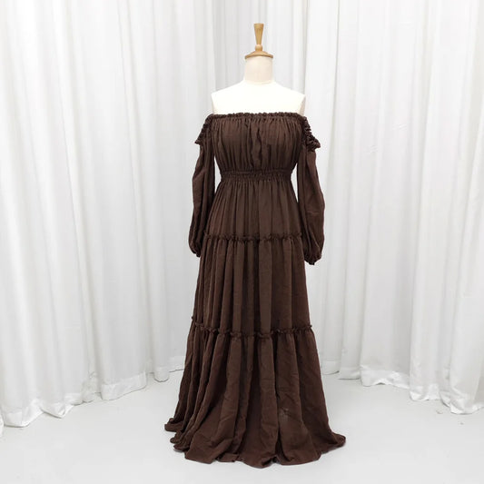 Soft Linen Cotton Off Shoulder Long Sleeved Cake Dress Bohemian Photo Shooting Pregnancy Dress Photography Dress For Women