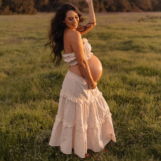 Maternity Dresses For Baby Showers Embroidered Checkered Strapless Two-piece Lace Cake Dress Pregnancy Photography Outfit