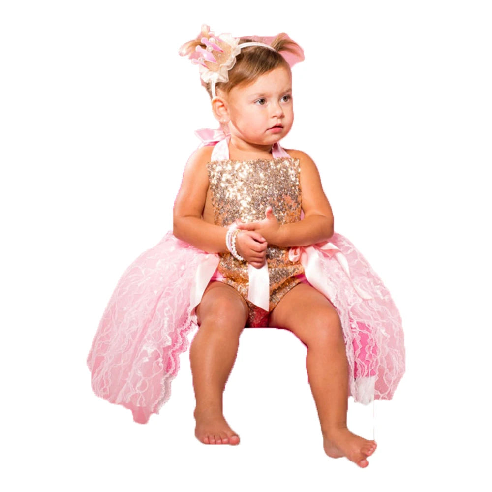 Newborn Baby Girl Sequin Romper Pink Lace Tutu Birthday Holiday Photo