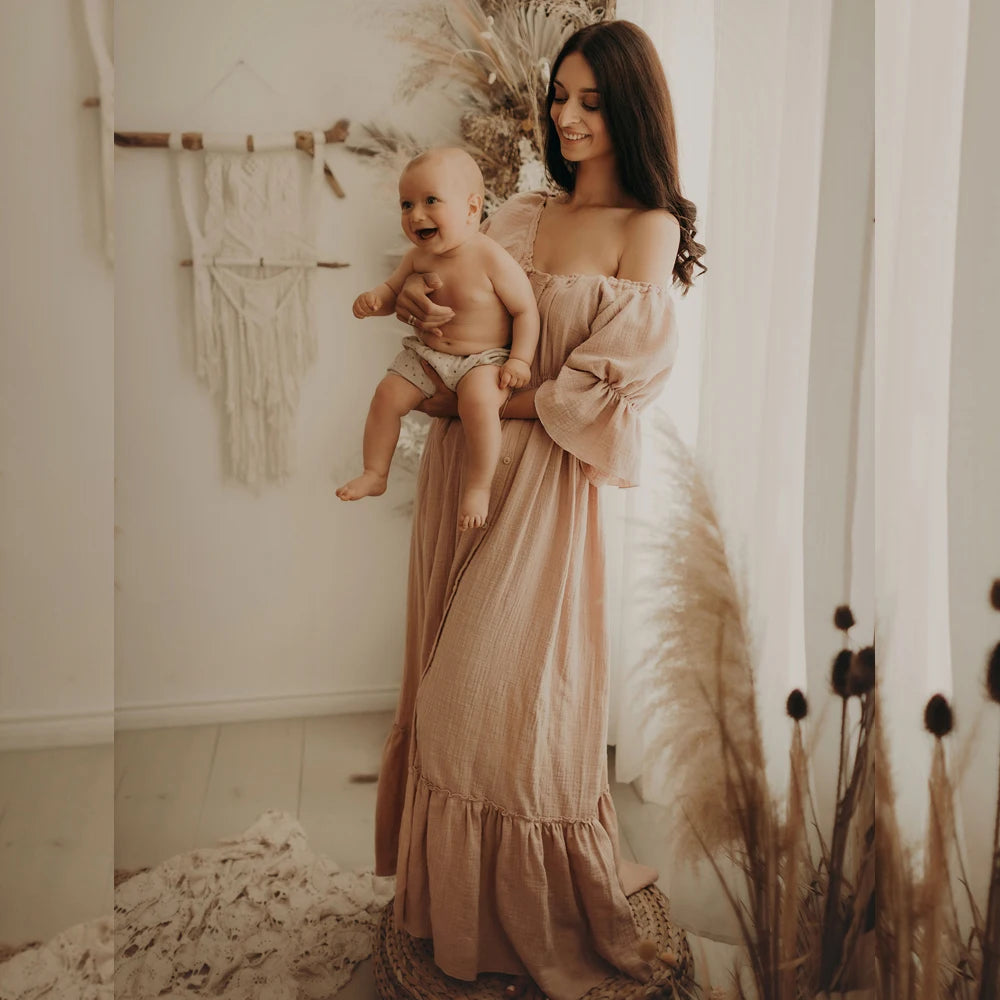 Maternity Clothes Soft Skin Friendly Linen Cotton Woman Bohemian Style Baby Showers Gown