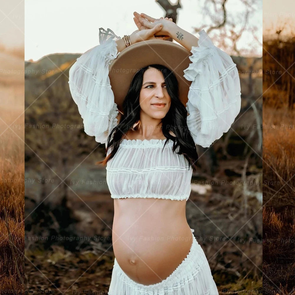 Maternity Pleated Chiffon Long Sleeve Off Shoulder Four Piece Boho Style Dress