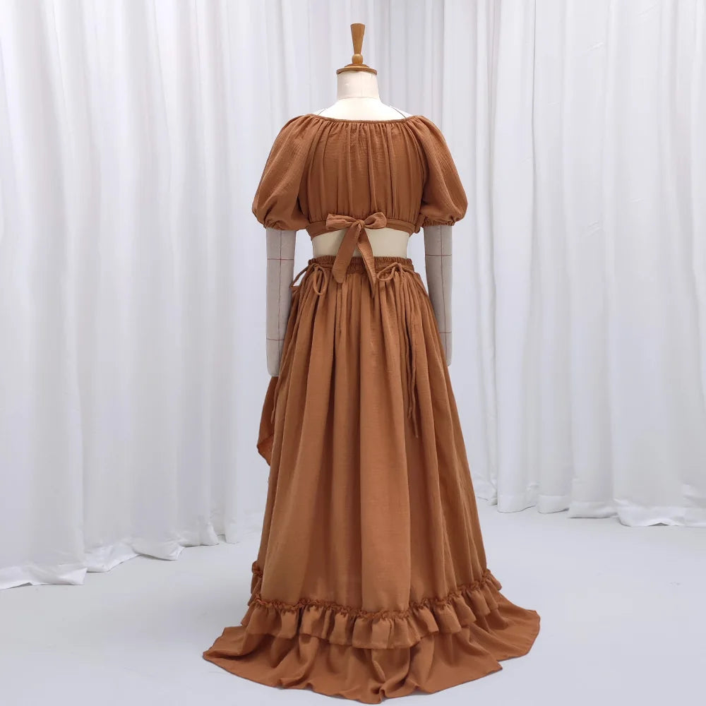 Soft Cotton V-neck Short Sleeved Tied Top With Ruffle Skirt Maternity Dresses For Photo Shoot Photography Dress For Women