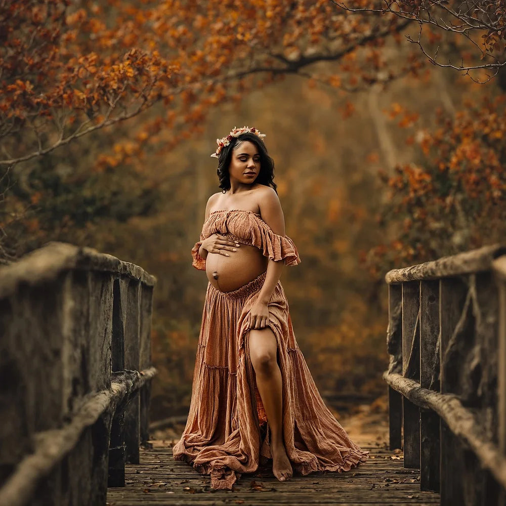  Bohemian Photo Shooting Pregnancy Dress Comfortable Soft Linen-Cotton Set For Pregnant Women Photos Maternity Two-Piece Dress