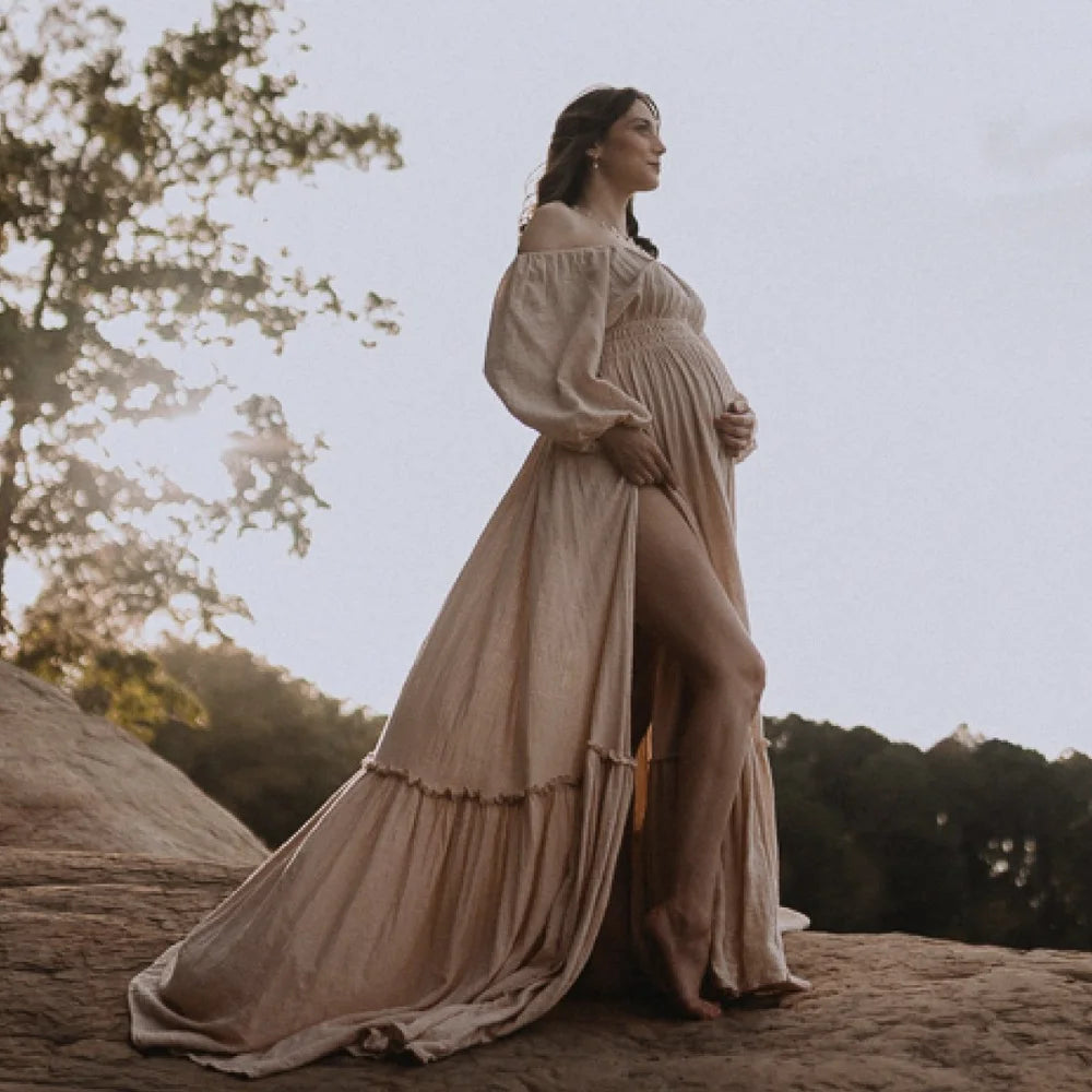 Bohemian Pregnancy Dress Vintage Comfortable Linen Cotton Off Shoulder Long Sleeved Dress Boho Style Baby Shower Dress