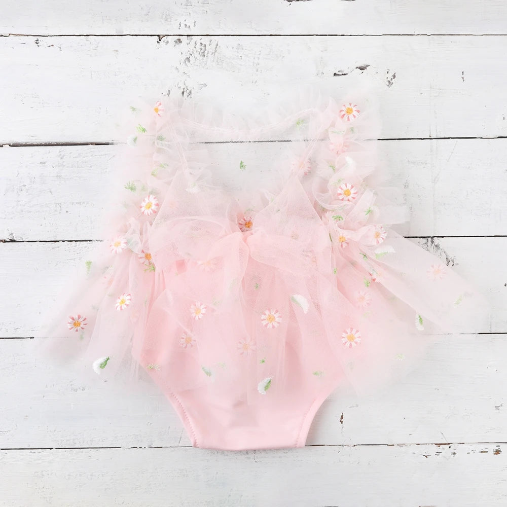 Baby Girl Tutu Ruffle Skirt Daisy Embroidery Tulle Dress Soft Newborn Set