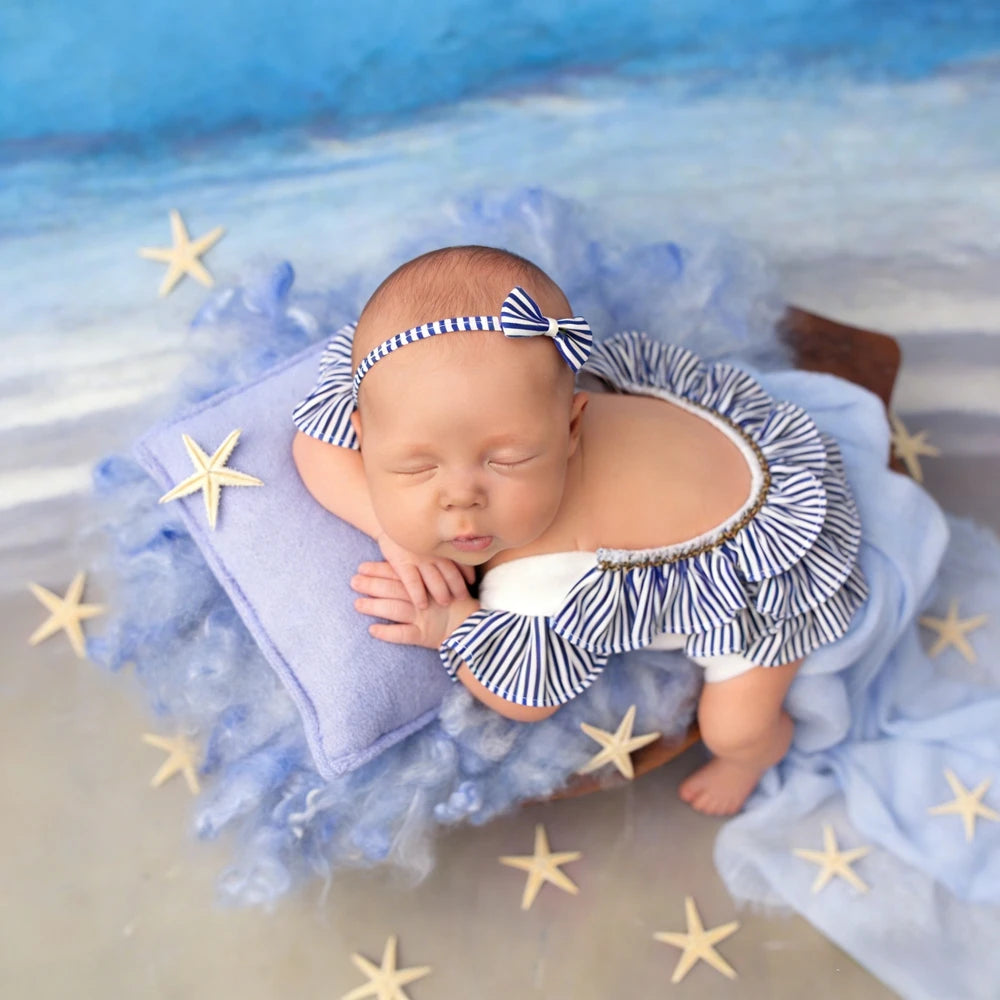 Blue White Stripe Ruffle Romper Baby Off Shoulder Bodysuit Girl