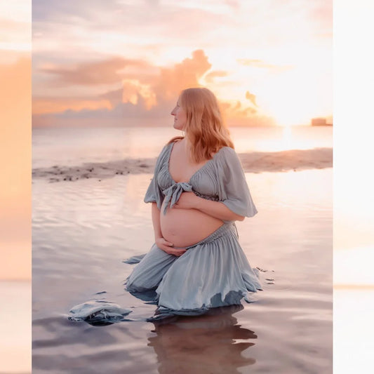 Maternity Photography Dresses Soft Cotton-Like Dress V-neck Tie Up Top A-line Skirt Two-Piece Set Clothes For Pregnant W
