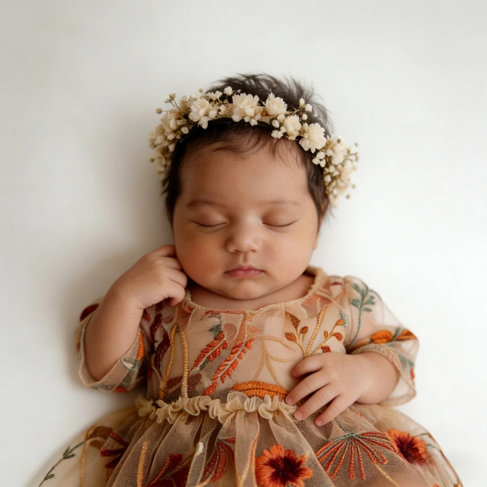 Newborn Girl Dress Embroidered Floral Tulle Boho Newborn Set