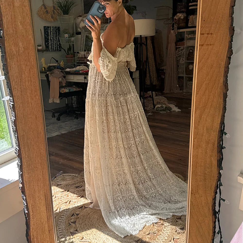 Maternity Dresses For Photo Shoot Simple Elegant Cotton Thread Embroidered Off Shoulder Two Piece Photography Dress For Women