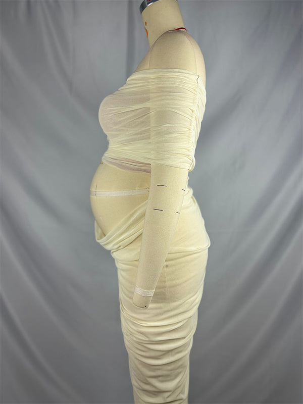 fotobeyou 2-in-1 One Shoulder Side Slit Grenadine Sheer Photoshoot Maternity Maxi Dress