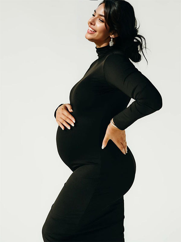 fotobeyou Solid Color High Neck Bodycon Mermaid Photoshoot Maternity Maxi Dress