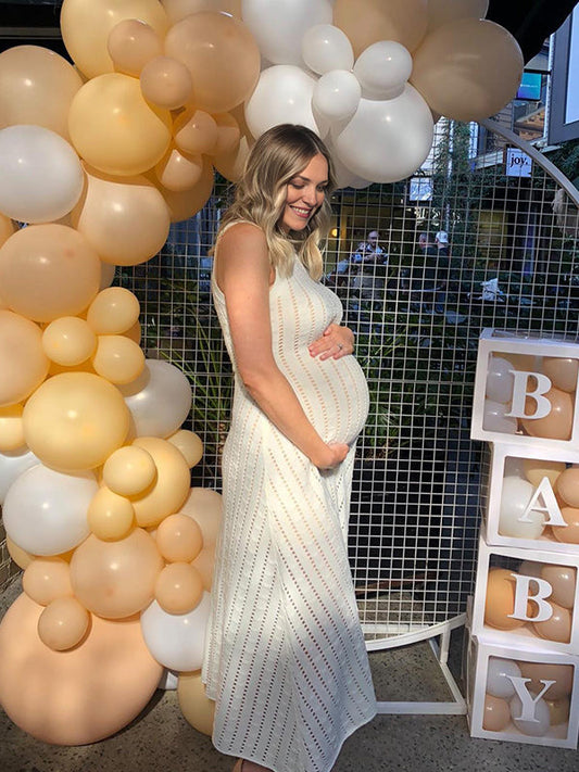 Fotobeyou White Openwork Crochet Round Neck Maternity Baby Shower Maxi Dress