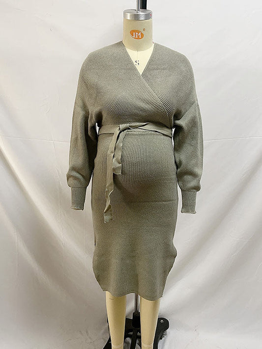 fotobeyou Knit Solid Color Sashes V-Neck Double Split Backless Bodycon Photoshoot Maternity Sweater Midi Dress