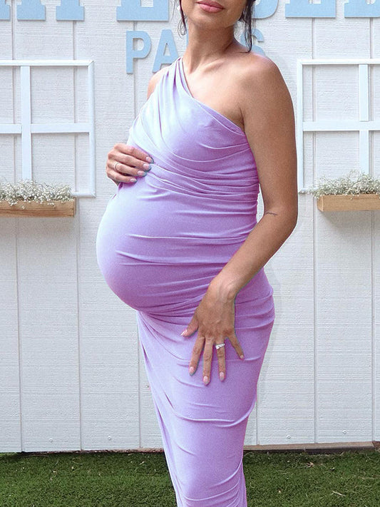 fotobeyou Lavender One Shoulder Ruched Shirred Bodycon Baby Shower Maternity Midi Dress