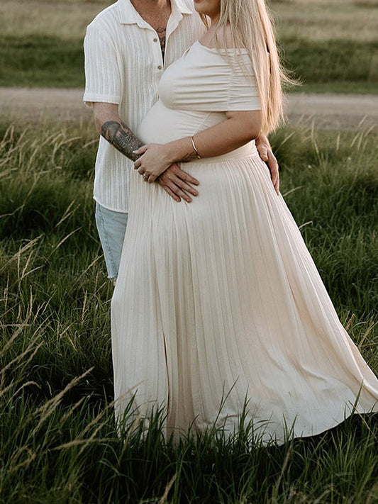 Apricot Ruched Pleated Maternity Photoshoot Plus Size Maxi Dress