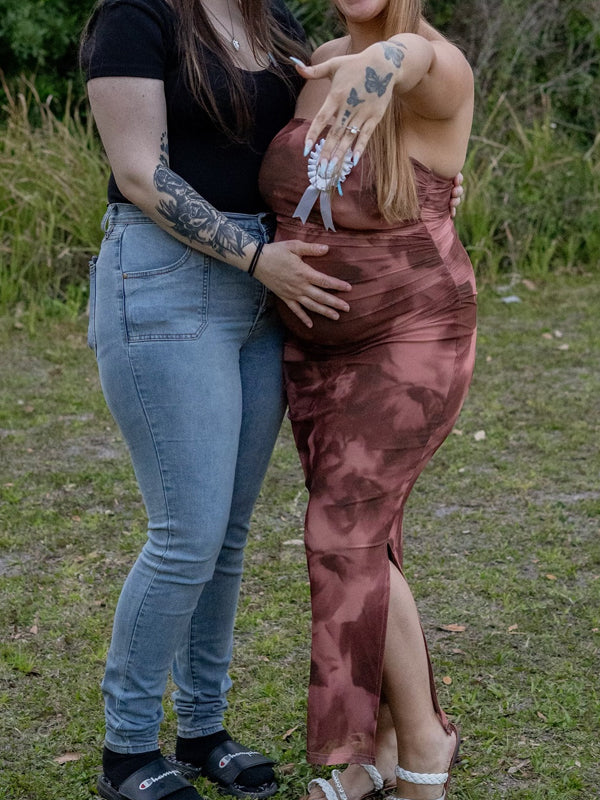 Fotobeyou Coffee Print Side Slit Grenadine Maternity Baby Shower Maxi Dress