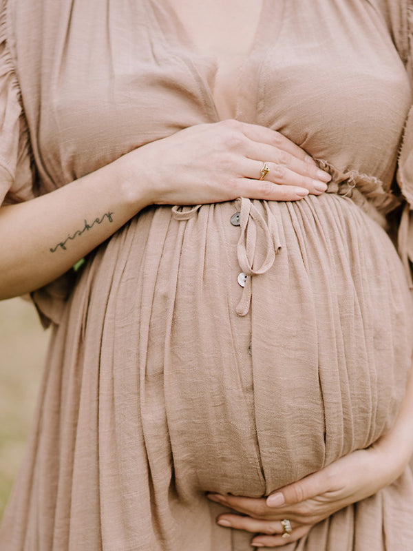 fotobeyou Khaki Bohemian Drawstring Single Breasted Maternity Photoshoot Baby Shower Maxi Dress