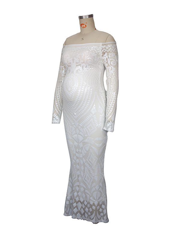 fotobeyou White Lace Sequin Off Shoulder Mermaid Bodycon Wedding Gown Baby Shower Elegant Foamal Maternity Photoshoot Maxi Dress