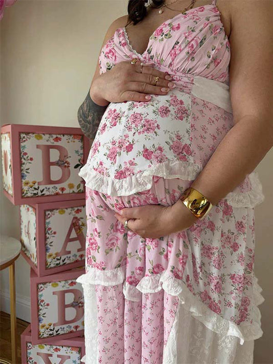 Pink Lace Floral Ruffle Baby Girl Shower Maternity Maxi Dress