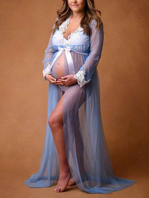 fotobeyou Lace Tulle Photoshoot Robe Split Front V-Neck Maternity Maxi Dress