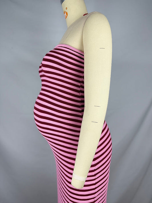 fotobeyou Striped Knitted Bandeau Strapless Bodycon Elegant Maternity Baby Shower Maxi Dress