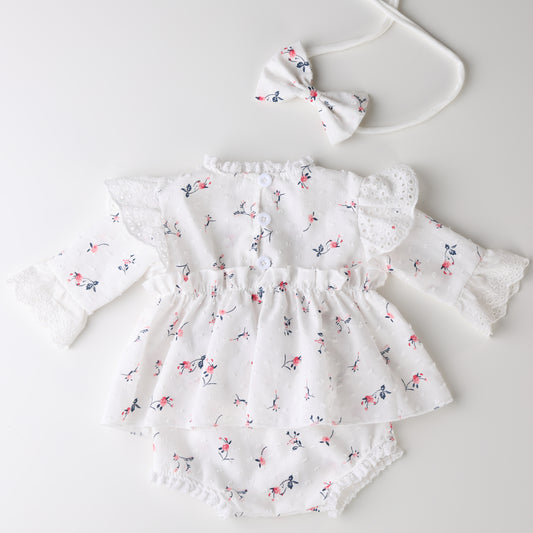 Swiss Dot Floral Newborn Romper Set - Baby Girl Photography Outfit with Headband