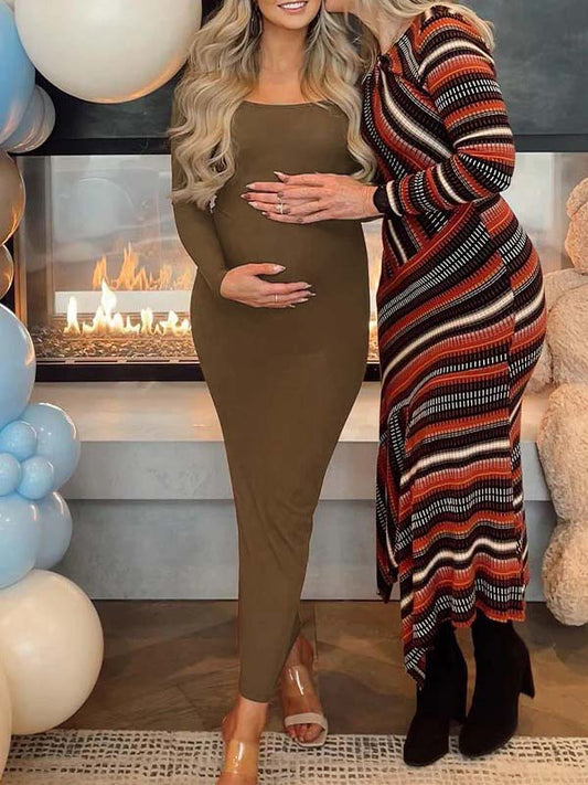 fotobeyou Coffee U neck Bodycon Daily Going out Baby Shower Maternity Photoshoot Maxi Dress