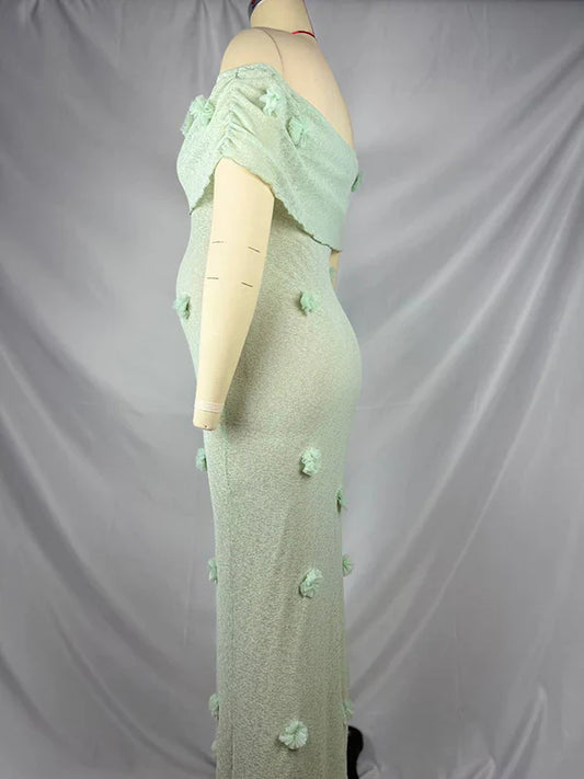 Matcha Knit 3D Flowers Off Shoulder Elegant Maternity Maxi Dress