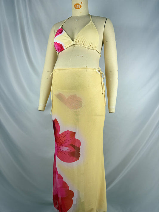 fotobeyou Light Yellow 3 Pieces Flowers Bikini Maternity Swimwear
