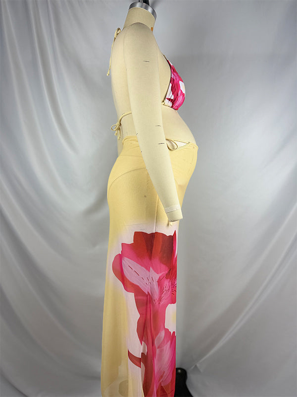 fotobeyou Light Yellow 3 Pieces Flowers Bikini Maternity Swimwear