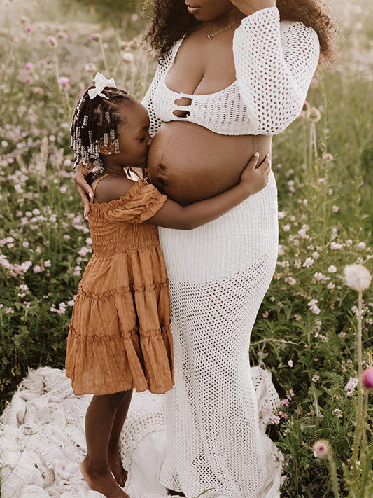 fotobeyou White 2 Piece Crochet Mesh Backless Flare Sleeve Bodycon Vacation Beach Photoshoot Baby Shower Maternity Maxi Dress