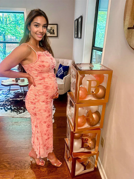 fotobeyou Pink Floral Tulle Ruched Bodycon Cute Gender Reveal Baby Shower Maternity Midi Dress