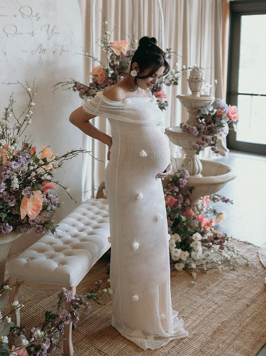 fotobeyou White Off Shoulder 3D Flowers Grenadine Sheer Bodycon Elegant Beach Photoshoot Baby Shower Maternity Maxi Dress