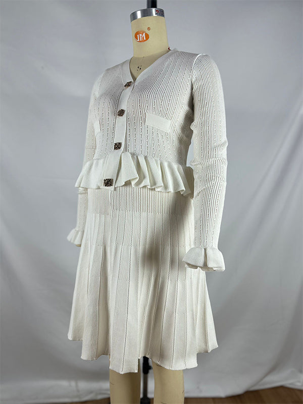 fotobeyou White Buttons Ruffle Knit Cut Out Elegant Baby Shower Maternity Mini Sweater Dress