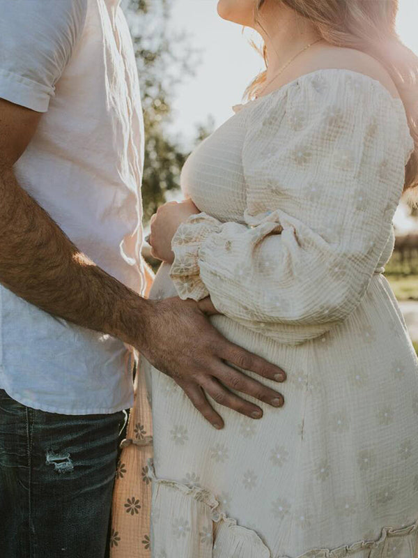 fotobeyou Apricot Daisy Print Smocked Off Shoulder Ruffle Big Swing Elegant Vacation Maternity Photoshoot Baby Shower Party Maxi Dress