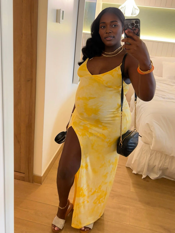 Fotobeyou Yellow Spaghetti Strap Side Slit Maternity Photoshoot Maxi Dress