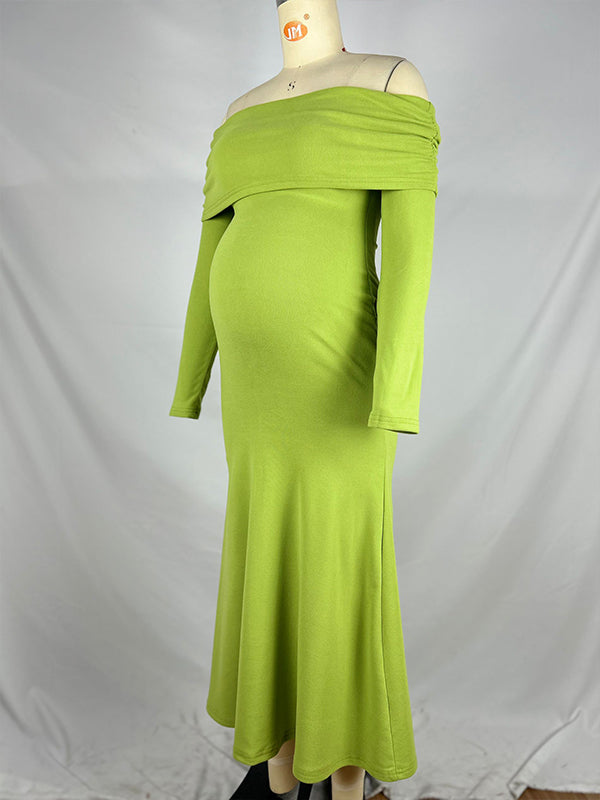 fotobeyou Green Ruched Off Shoulder Bodycon Elegant Cocktail Party Gown Maternity Photoshoot Baby Shower Maxi Dress
