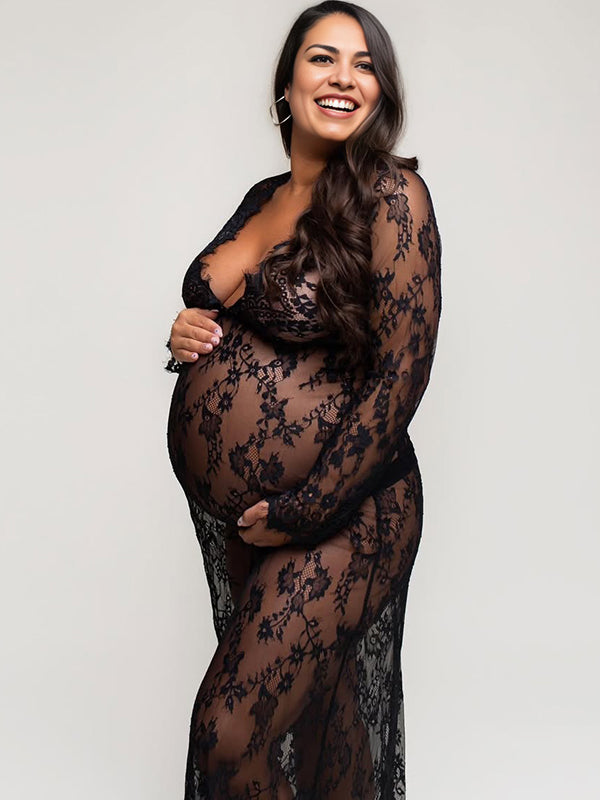 Sheer Lace Robe V-neck Bathtub Photoshoot Maternity Maxi Dress